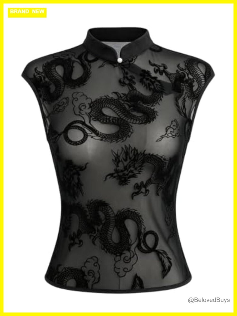 Sheer Mesh Cap Sleeve Mock Neck Slim Fit Top